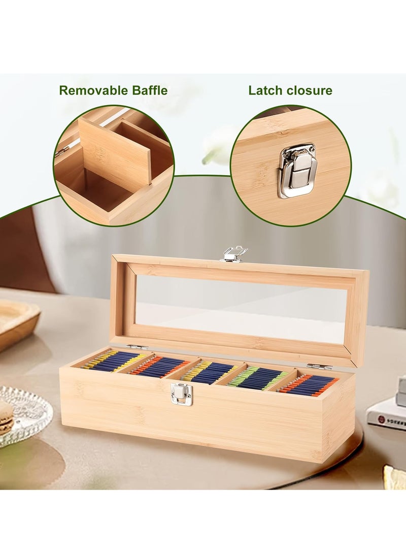 Relex Tea Box Tea Bag Organizer, 5 Compartments Wood Tea Storage Box Holder with Clear Lid, Tea Chest Container Rustic Tea Organizer for Tea Bags, Coffee Pods, Sugar  - Image 3