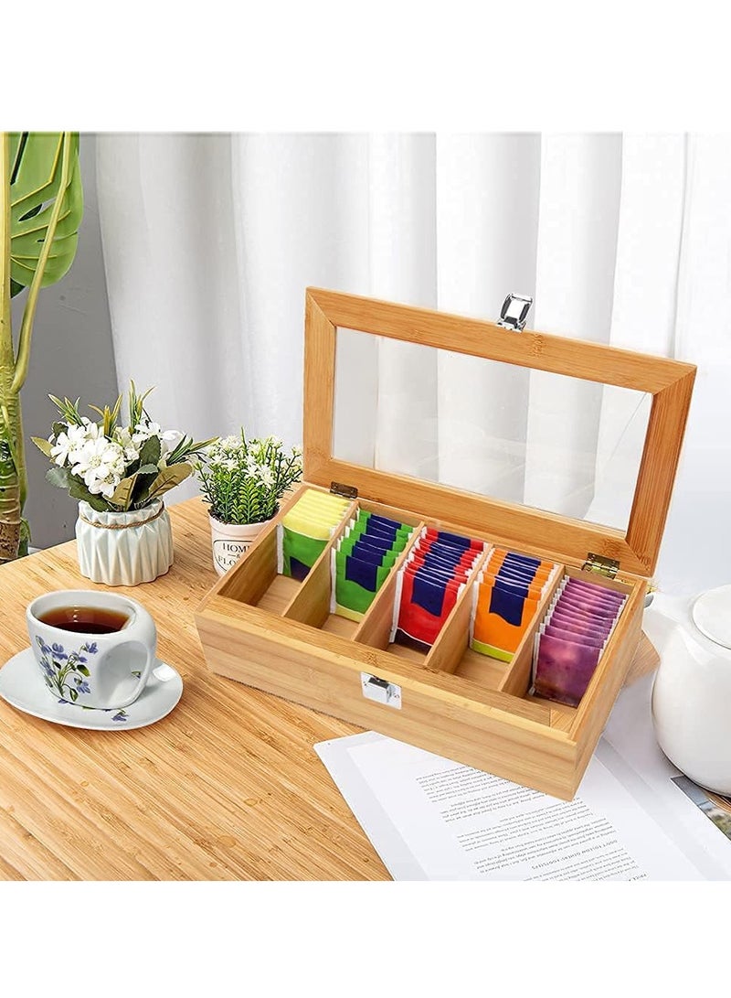Relex Tea Box Tea Bag Organizer, 5 Compartments Wood Tea Storage Box Holder with Clear Lid, Tea Chest Container Rustic Tea Organizer for Tea Bags, Coffee Pods, Sugar  - Image 4