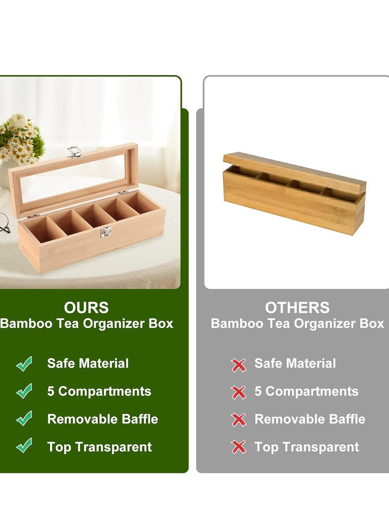 Relex Tea Box Tea Bag Organizer, 5 Compartments Wood Tea Storage Box Holder with Clear Lid, Tea Chest Container Rustic Tea Organizer for Tea Bags, Coffee Pods, Sugar  - Image 5