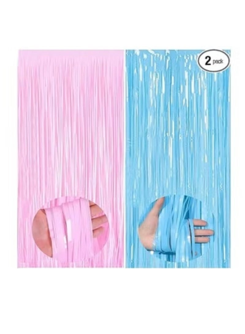 بوكسوودس مجموعة ديكورات حفل استقبال المولود الجديد، لافتة للمولود الجديد، وشاح للأمهات المستقبليات، ودبابيس شارة من الصفيح، وستائر من رقائق معدنية وردية وزرقاء، لإعلان جنس المولود الجديد. - Image 5