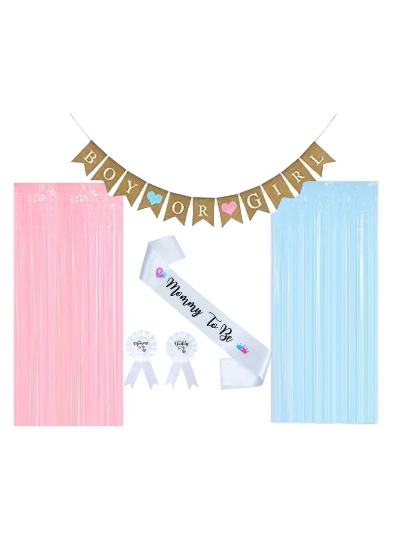بوكسوودس مجموعة ديكورات حفل استقبال المولود الجديد، لافتة للمولود الجديد، وشاح للأمهات المستقبليات، ودبابيس شارة من الصفيح، وستائر من رقائق معدنية وردية وزرقاء، لإعلان جنس المولود الجديد. - Image 1