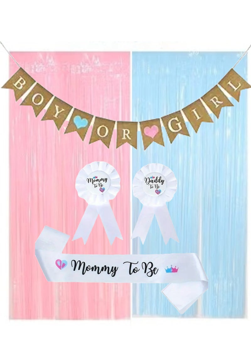 بوكسوودس مجموعة ديكورات حفل استقبال المولود الجديد، لافتة للمولود الجديد، وشاح للأمهات المستقبليات، ودبابيس شارة من الصفيح، وستائر من رقائق معدنية وردية وزرقاء، لإعلان جنس المولود الجديد. - Image 2