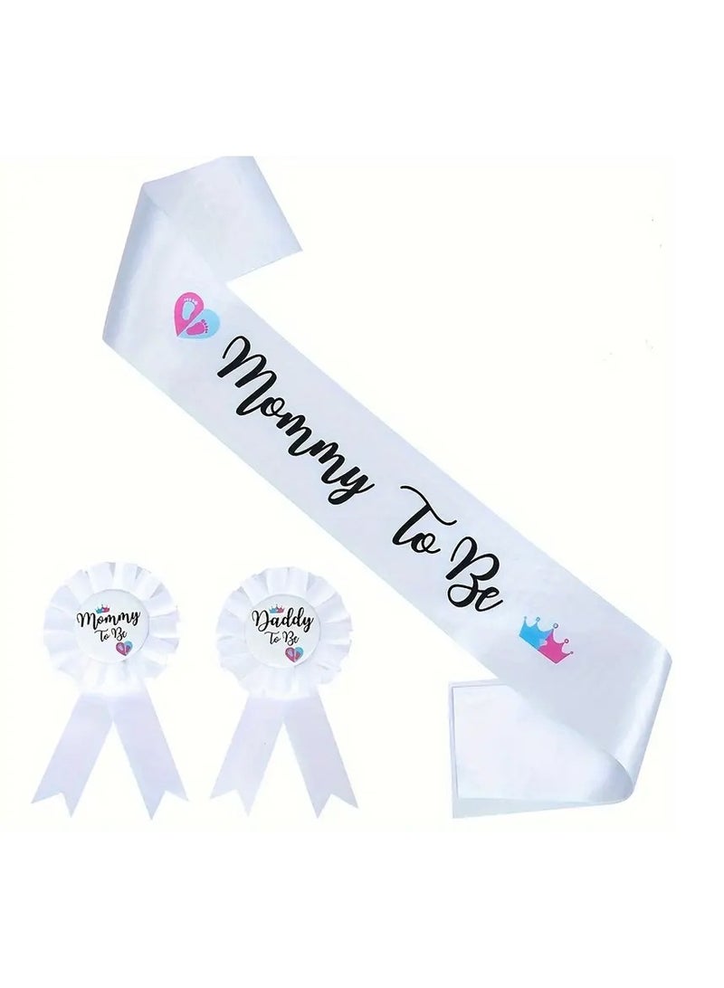 بوكسوودس مجموعة ديكورات حفل استقبال المولود الجديد، لافتة للمولود الجديد، وشاح للأمهات المستقبليات، ودبابيس شارة من الصفيح، وستائر من رقائق معدنية وردية وزرقاء، لإعلان جنس المولود الجديد. - Image 3