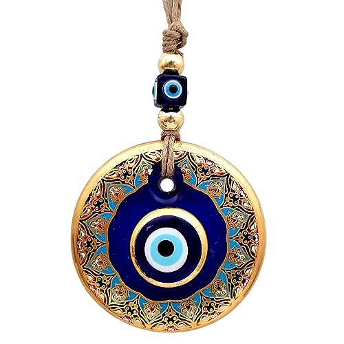 Candymosa 4.3" Glass Blue Evil Eye Wall Hanging Floral Design Gold Ornament - Home Protection Charm - Evil Eye Wall Decor - Turkish Nazar Amulet - Image 1