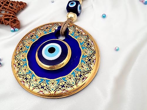 Candymosa 4.3" Glass Blue Evil Eye Wall Hanging Floral Design Gold Ornament - Home Protection Charm - Evil Eye Wall Decor - Turkish Nazar Amulet - Image 5