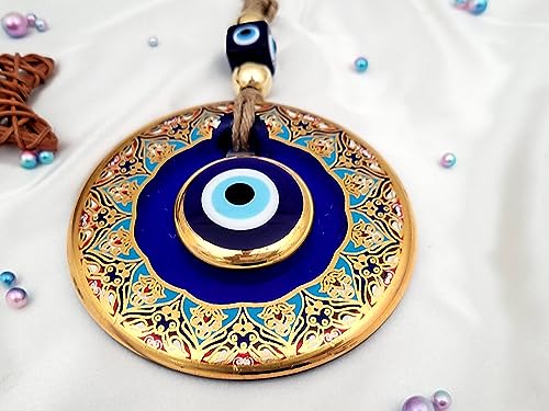 Candymosa 4.3" Glass Blue Evil Eye Wall Hanging Floral Design Gold Ornament - Home Protection Charm - Evil Eye Wall Decor - Turkish Nazar Amulet - Image 4