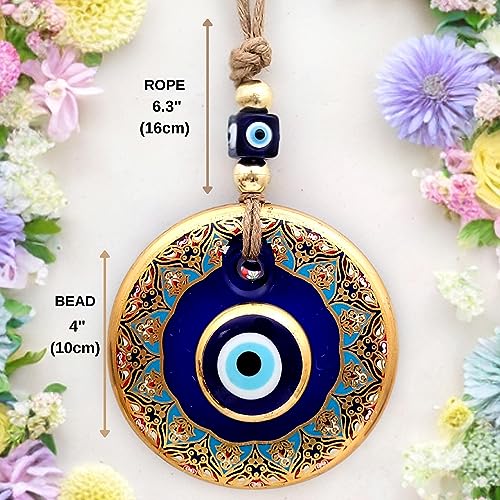 Candymosa 4.3" Glass Blue Evil Eye Wall Hanging Floral Design Gold Ornament - Home Protection Charm - Evil Eye Wall Decor - Turkish Nazar Amulet - Image 3