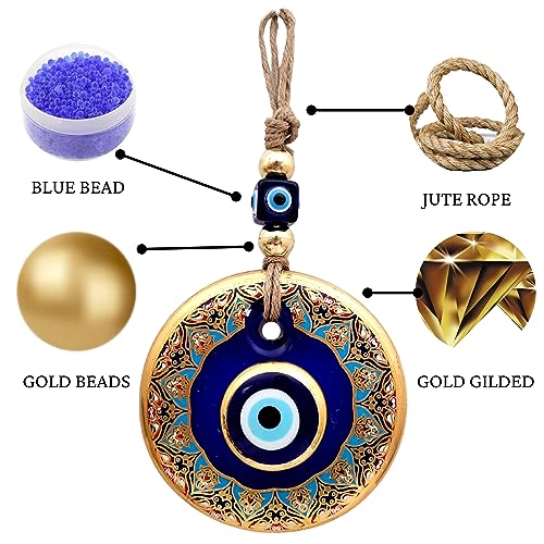 Candymosa 4.3" Glass Blue Evil Eye Wall Hanging Floral Design Gold Ornament - Home Protection Charm - Evil Eye Wall Decor - Turkish Nazar Amulet - Image 2