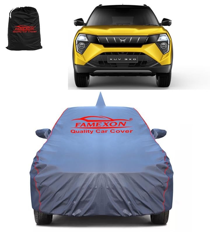 FAMEXON Triple Stiched 100% Waterproof Full Body Car Cover for Mahindra XUV3XO with Mirror and Antena Pocket and Soft Cotton Lining(Full Buttom Elastic) - Image 1
