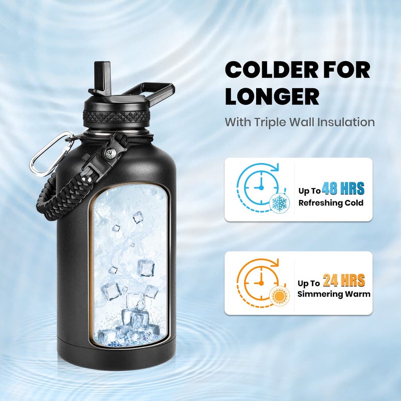 RAYMYLO Insulated Water Bottle 64 oz, Triple Wall Vacuum Stainless Steel (Cold for 48 Hrs), Leak Proof & Non-BPA, Half Gallon Water Flask Jug with Paracord Handle & Straw Spout Lids, Magic Black - Image 2