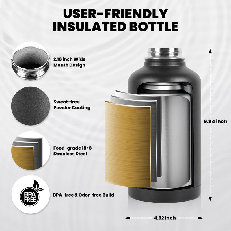 RAYMYLO Insulated Water Bottle 64 oz, Triple Wall Vacuum Stainless Steel (Cold for 48 Hrs), Leak Proof & Non-BPA, Half Gallon Water Flask Jug with Paracord Handle & Straw Spout Lids, Magic Black - Image 5