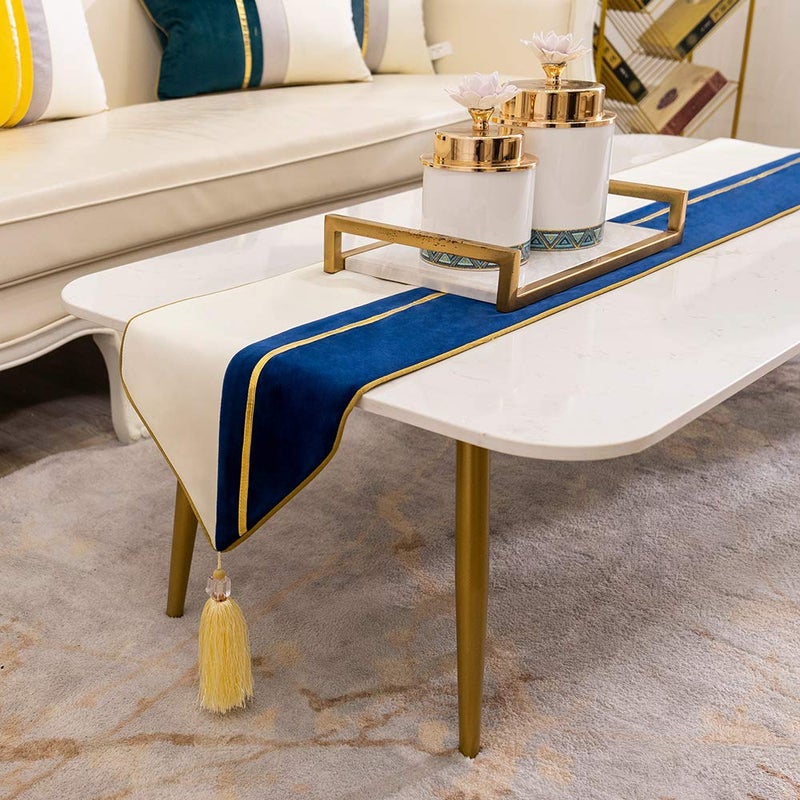 Avigers 12 x 59 Inch Decorative Luxury Navy Blue White Gold Leather Striped Patchwork Velvet Table Runners with Tassels for Home Living Room Bedroom Art Decor Wedding