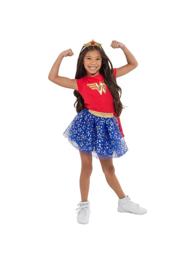 DC Comics (953165WNT) Wonder Woman Toddler Girls' Updated Costume Dress with Gold Tiara Headband and Cape, Red in Red, 5T - Image 1