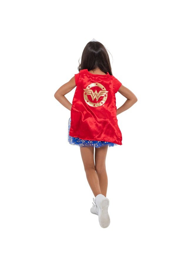 DC Comics (953165WNT) Wonder Woman Toddler Girls' Updated Costume Dress with Gold Tiara Headband and Cape, Red in Red, 5T - Image 2