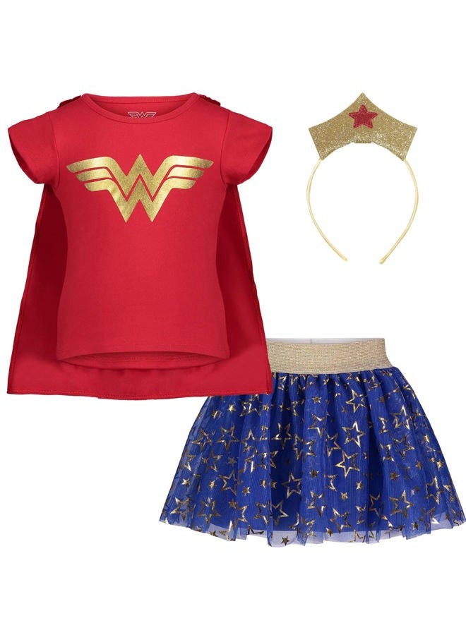 DC Comics (953165WNT) Wonder Woman Toddler Girls' Updated Costume Dress with Gold Tiara Headband and Cape, Red in Red, 5T - Image 3