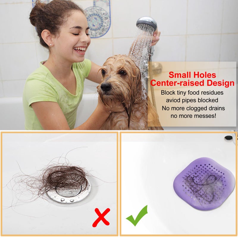 Bovinde Hair Drain Catcher,Square Drain Cover for Shower Silicone Hair Stopper with Suction Cup,Easy to Install Suit for Bathroom,Bathtub,Kitchen 2 Pack (Purple Green) - Image 3