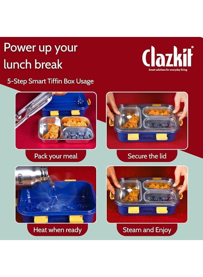 Clazkit علبة غداء كلازكيت من الفولاذ المقاوم للصدأ بثلاثة أقسام، مانعة للتسرب، مناسبة للأطفال والكبار، عبوة من قطعة واحدة، لون أزرق، سعة 750 مل - Image 4