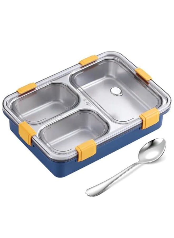 Clazkit علبة غداء كلازكيت من الفولاذ المقاوم للصدأ بثلاثة أقسام، مانعة للتسرب، مناسبة للأطفال والكبار، عبوة من قطعة واحدة، لون أزرق، سعة 750 مل - Image 1