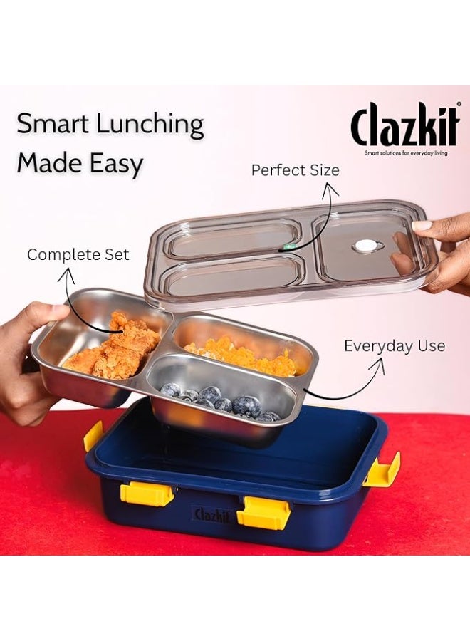 Clazkit علبة غداء كلازكيت من الفولاذ المقاوم للصدأ بثلاثة أقسام، مانعة للتسرب، مناسبة للأطفال والكبار، عبوة من قطعة واحدة، لون أزرق، سعة 750 مل - Image 2