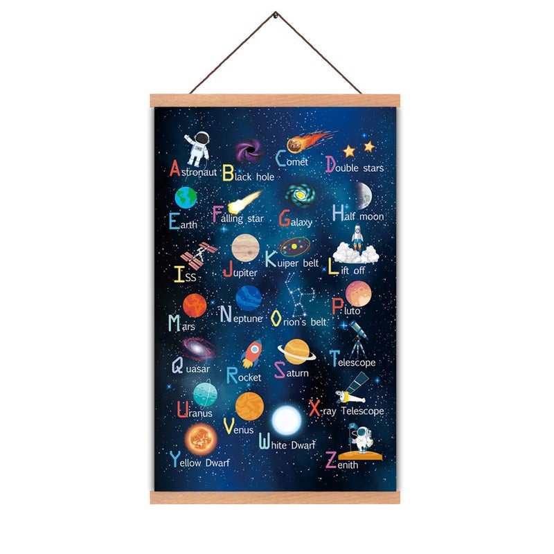KAIRNE Outer Space Room Decor With Wood Magnetic Poster Hanger Framed ABC Alphabet Space Posters(28X45CM) Space Galaxy Themed Pictures For Boys Room Kids Space Room Nursery Classroom Decor
