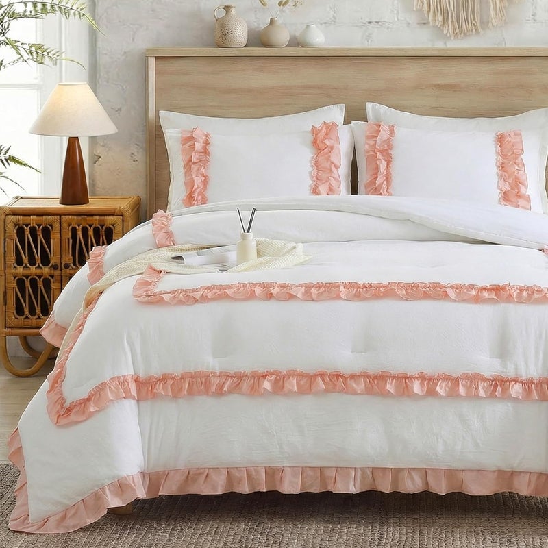 Bedorm White Pink Comforter Set Lace Ruffle Bedding Queen Pleated Fringe Ruffled Comforter Women Girls Romantic Country Bedding Comforter for All Season - Image 2