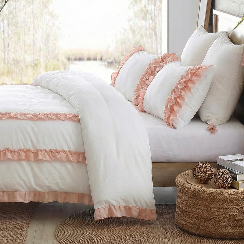 Bedorm White Pink Comforter Set Lace Ruffle Bedding Queen Pleated Fringe Ruffled Comforter Women Girls Romantic Country Bedding Comforter for All Season - Image 3