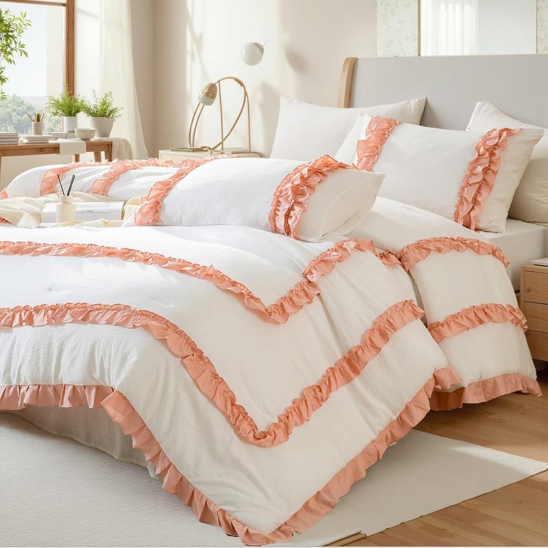 Bedorm White Pink Comforter Set Lace Ruffle Bedding Queen Pleated Fringe Ruffled Comforter Women Girls Romantic Country Bedding Comforter for All Season - Image 4
