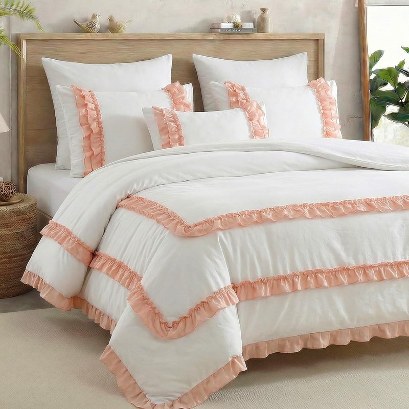 Bedorm White Pink Comforter Set Lace Ruffle Bedding Queen Pleated Fringe Ruffled Comforter Women Girls Romantic Country Bedding Comforter for All Season - Image 1