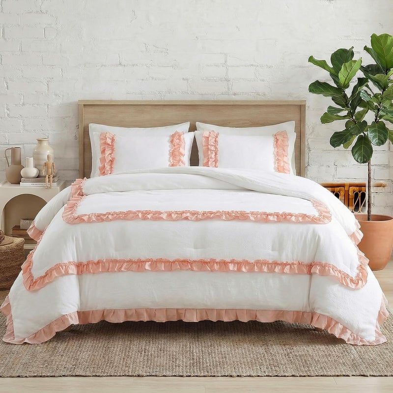 Bedorm White Pink Comforter Set Lace Ruffle Bedding Queen Pleated Fringe Ruffled Comforter Women Girls Romantic Country Bedding Comforter for All Season - Image 5