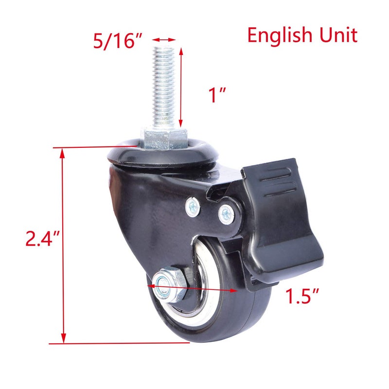 AAGUT 1.5" Stem Casters, Screwed Bolt 5/16" x 18 x 1, Heavy Duty Swivel Caster with Brake Lock No Noise Castors,Set of 4 - Image 2