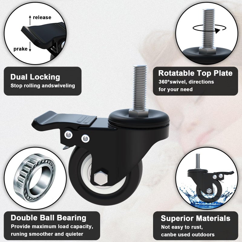 AAGUT 1.5" Stem Casters, Screwed Bolt 5/16" x 18 x 1, Heavy Duty Swivel Caster with Brake Lock No Noise Castors,Set of 4 - Image 5