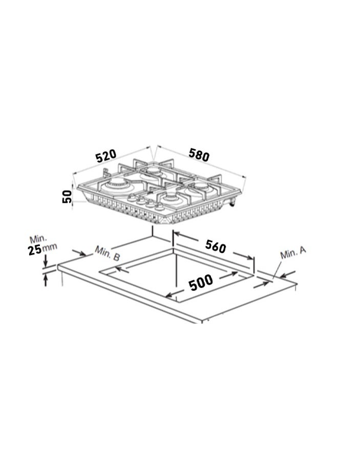 XPER Built-in Gas Hob - 58 cm - 4 Burner Burners - Turkish - Steel - XPBH60CIG  - Image 4