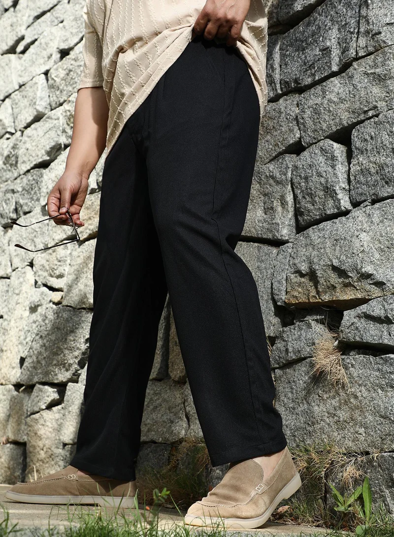 Instafab Plus Instafab Plus Men's Midnight Black Tactile-Pleated Chino Trousers For Casual Wear | Mid-Rise | Regular Fit | Drawstring Closure | Plus Size Trousers Crafted With Comfort Fit For Everyday Wear