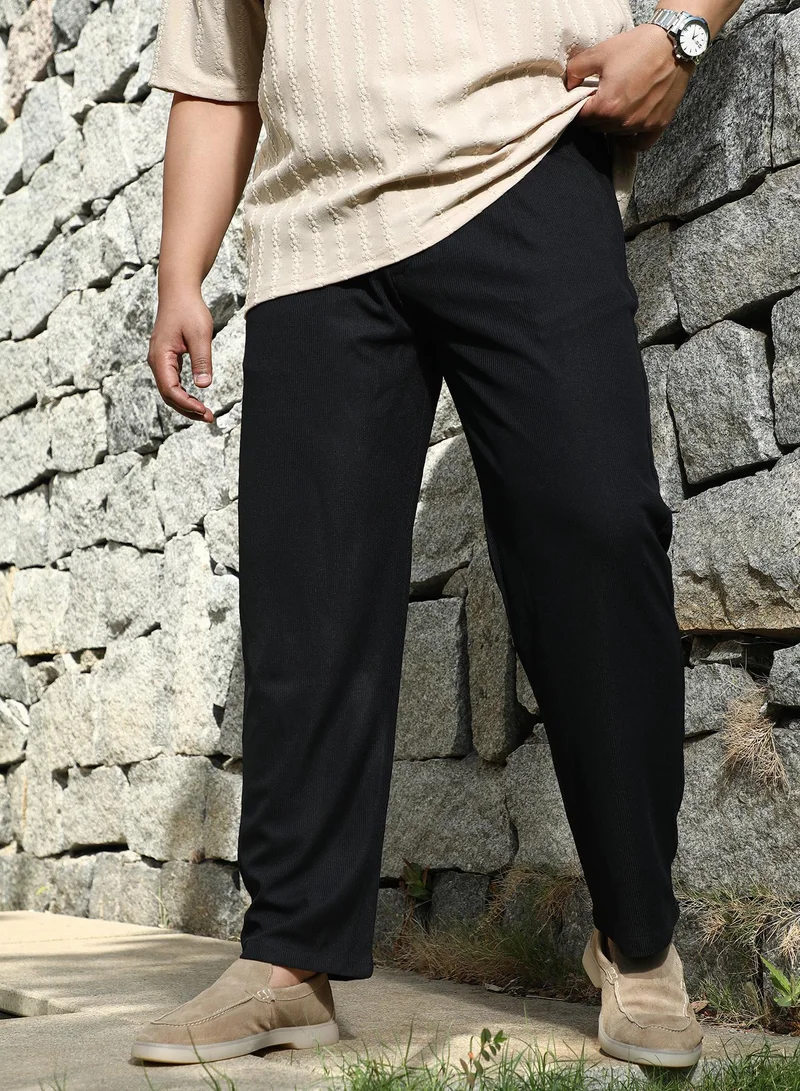Instafab Plus Instafab Plus Men's Midnight Black Tactile-Pleated Chino Trousers For Casual Wear | Mid-Rise | Regular Fit | Drawstring Closure | Plus Size Trousers Crafted With Comfort Fit For Everyday Wear