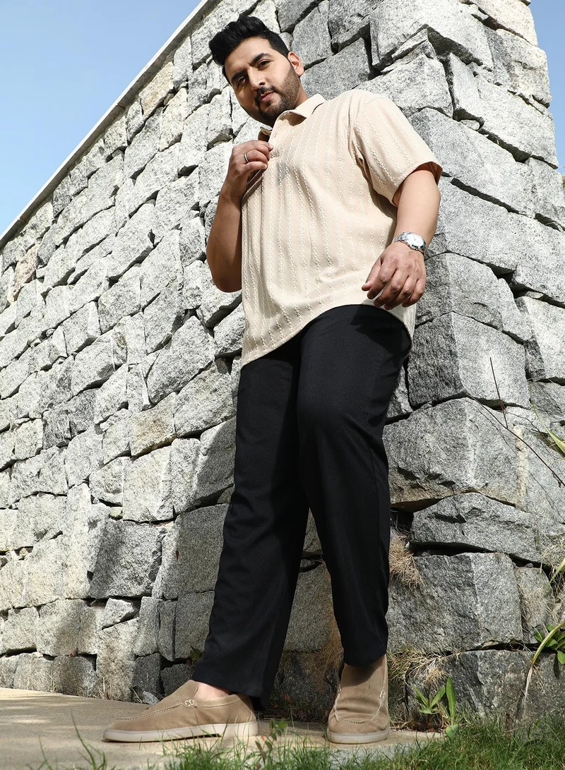 Instafab Plus  Instafab Plus Men's Midnight Black Tactile-Pleated Chino Trousers For Casual Wear | Mid-Rise | Regular Fit | Drawstring Closure | Plus Size Trousers Crafted With Comfort Fit For Everyday Wear for Men | Best Price UAE