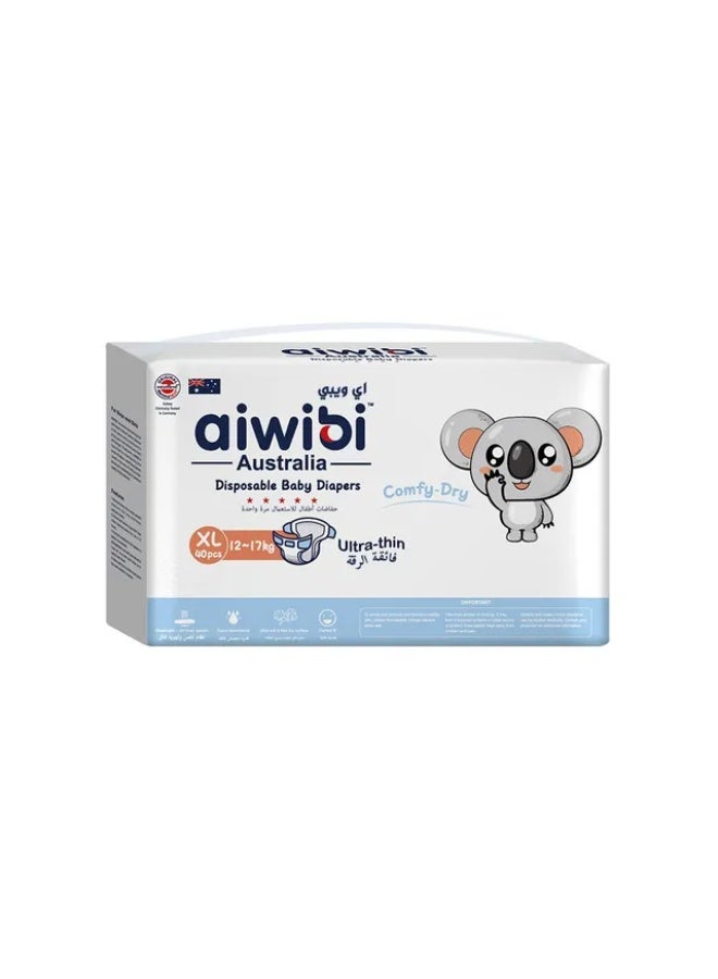 aiwibi حفاضات أطفال أيويبي فائقة النحافة والراحة، ناعمة للغاية وفائقة النحافة، حفاضات مضادة للتهيج، امتصاص فائق، حزام خصر مرن 360 درجة (كبير جداً، 40 قطعة)