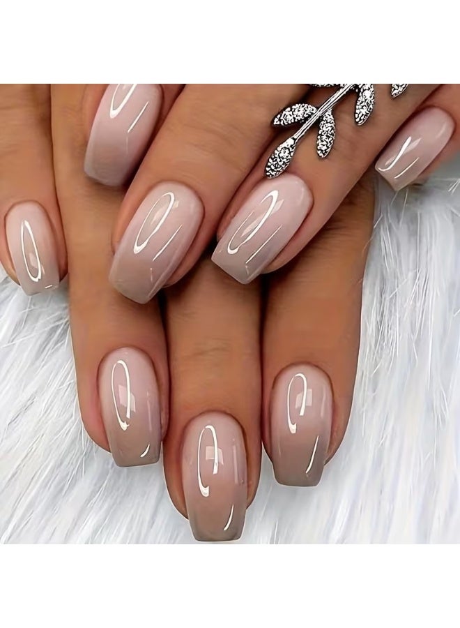 Goolsky Upgrade Your Look Instantly with The 24pcs Strip Pack) Short Square Grey Gradient Gloss Fake Nails & 1 Nail File & 1 Nail Tape - Image 1