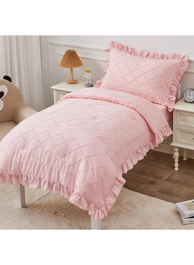 Cozyholy 4 Piece Boho Tufted Toddler Bedding Set for Girls Pink Ruffle Crib Bed Sheets Set Soft Jacquard Embroidery Toddler Comforter Set Bed in a Bag | Include Comforter, Flat Sheet, Fitted Sheet, Pillowcase - Image 1