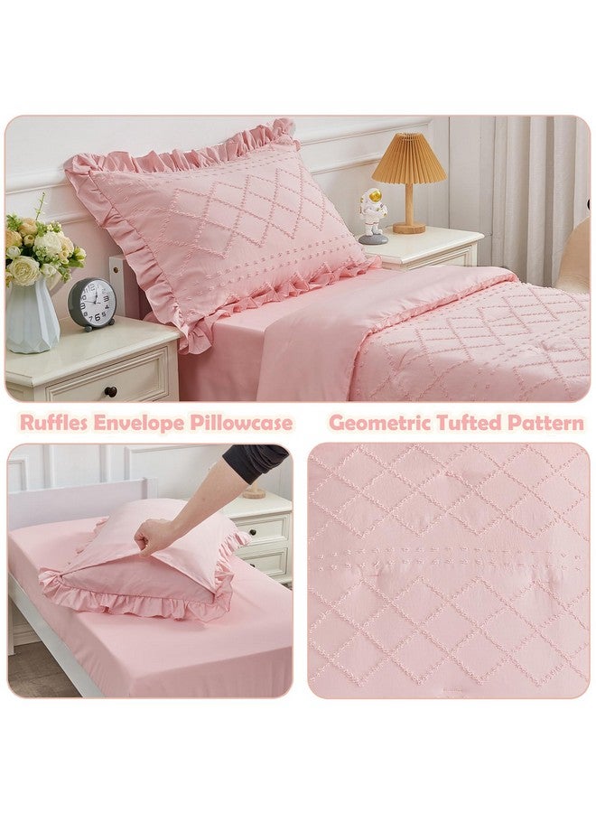 Cozyholy 4 Piece Boho Tufted Toddler Bedding Set for Girls Pink Ruffle Crib Bed Sheets Set Soft Jacquard Embroidery Toddler Comforter Set Bed in a Bag | Include Comforter, Flat Sheet, Fitted Sheet, Pillowcase - Image 4