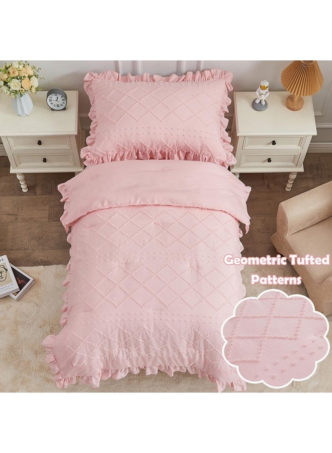 Cozyholy 4 Piece Boho Tufted Toddler Bedding Set for Girls Pink Ruffle Crib Bed Sheets Set Soft Jacquard Embroidery Toddler Comforter Set Bed in a Bag | Include Comforter, Flat Sheet, Fitted Sheet, Pillowcase - Image 2