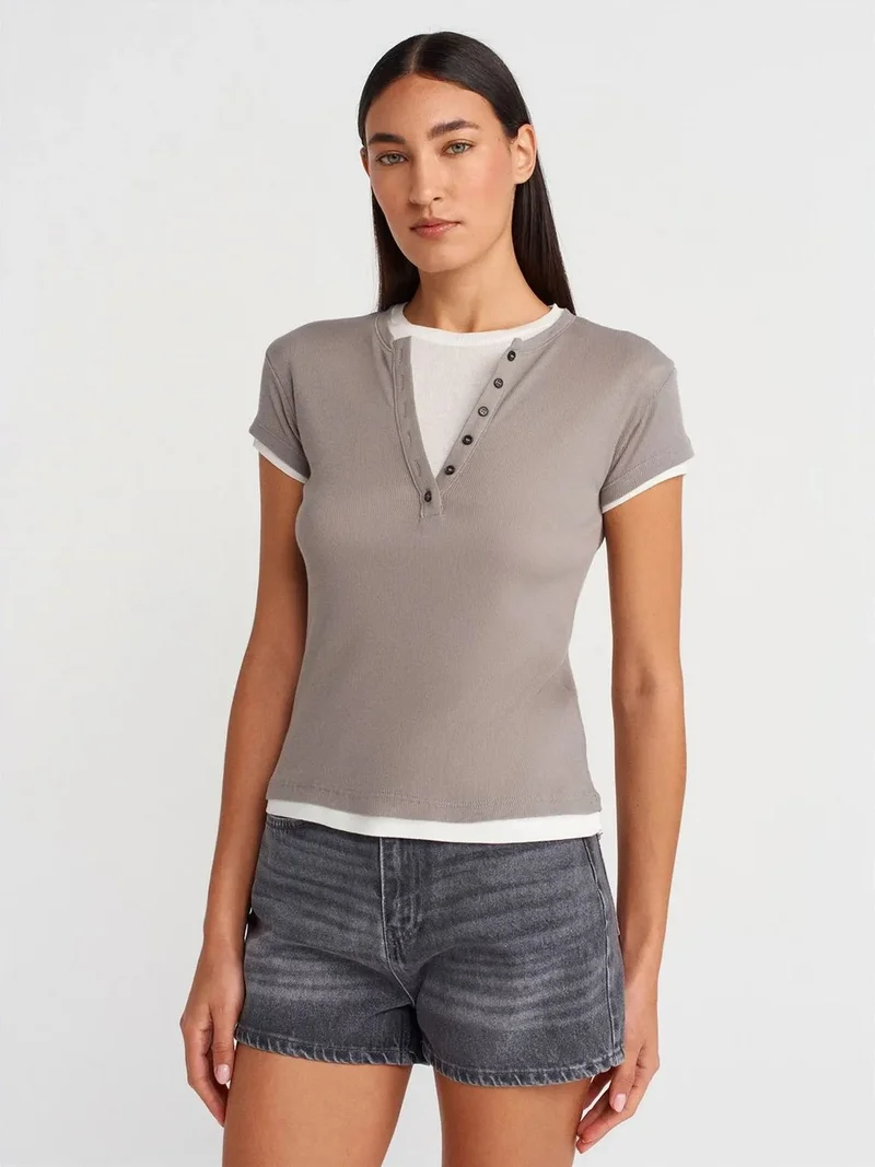 ديلفين Dilvin Women’s Cotton V-Neck Button T-Shirt