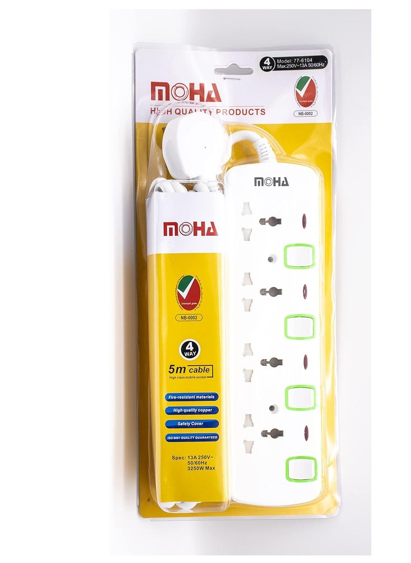 MOHA - 4-Way Socket Power Extension With Individual Switch White 5meter - Image 1