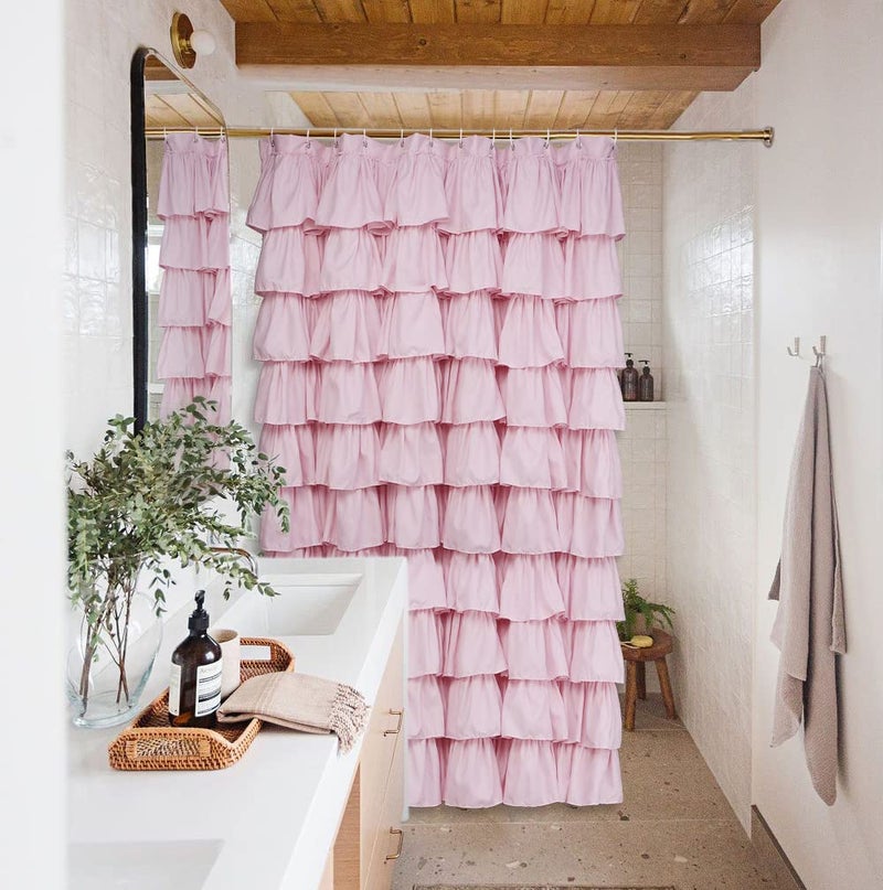 Volens Pink Ruffle Shower Curtain Farmhouse Rustic Fabric Cloth Shower Curtains for Bathroom, 72" x 72" - Image 3