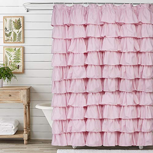 Volens Pink Ruffle Shower Curtain Farmhouse Rustic Fabric Cloth Shower Curtains for Bathroom, 72" x 72" - Image 1