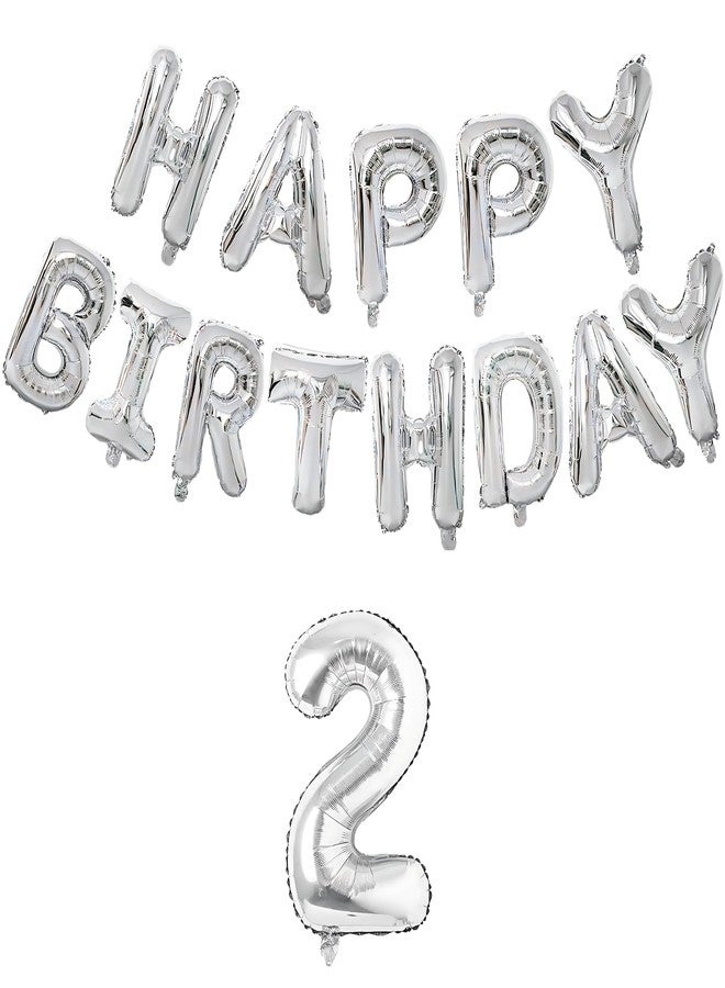 Flyloons 2nd Silver Colour Happy Birthday Foil Balloon Set for 2 Year Old Boys Girls Baby | with Number Two | 13 Letters Reusable Happy Birthday Metallic Foil Balloons Decoration Kit, 14 Pcs - Image 1