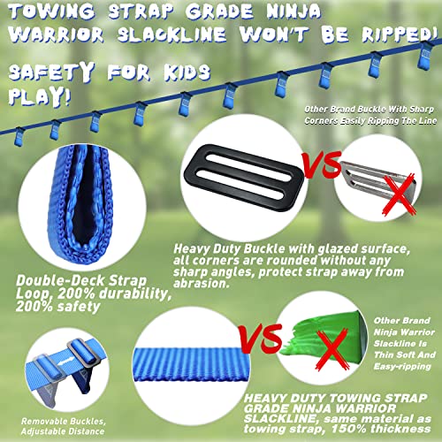 Rainbow Craft Ninja Warrior Obstacle Course for Kids - 50ft Slackline, 12 Removable Buckle Loops, 12 Ninja Attachments, Outdoor Training Equipment - Image 2