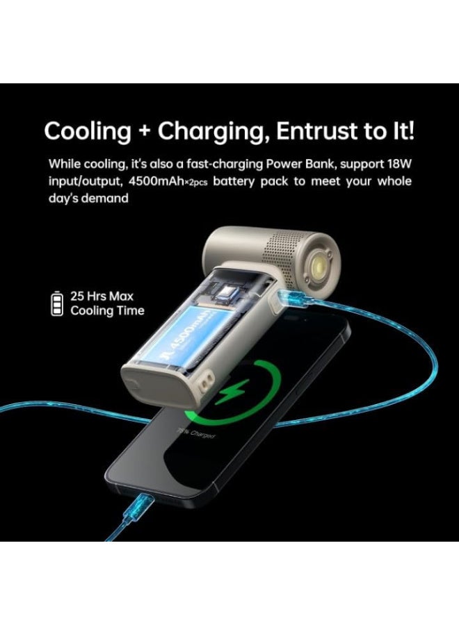 JISULIFE Portable Handheld Fan Ultra2, 9000mAh Max 25 Hrs, 5 IN 1, 100 Speed Turbo Fan Rechargeable 18W Power Bank with Flashlight, Metal Shell Multi-Function Travel Essentials Gifts for Men - Light Brown - Image 3