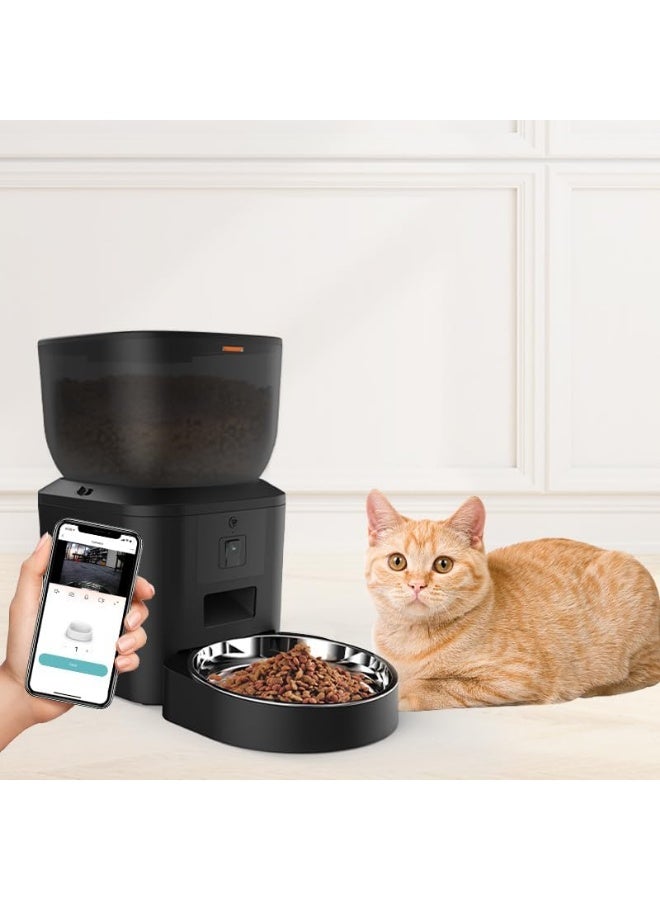 APP Controlled,with Freshness Preservation, Timed Cat Feeder with Stainless Steel Bowl. UK plug, 4L, Smart 480P camera Pet feeder, one bowl, black, white