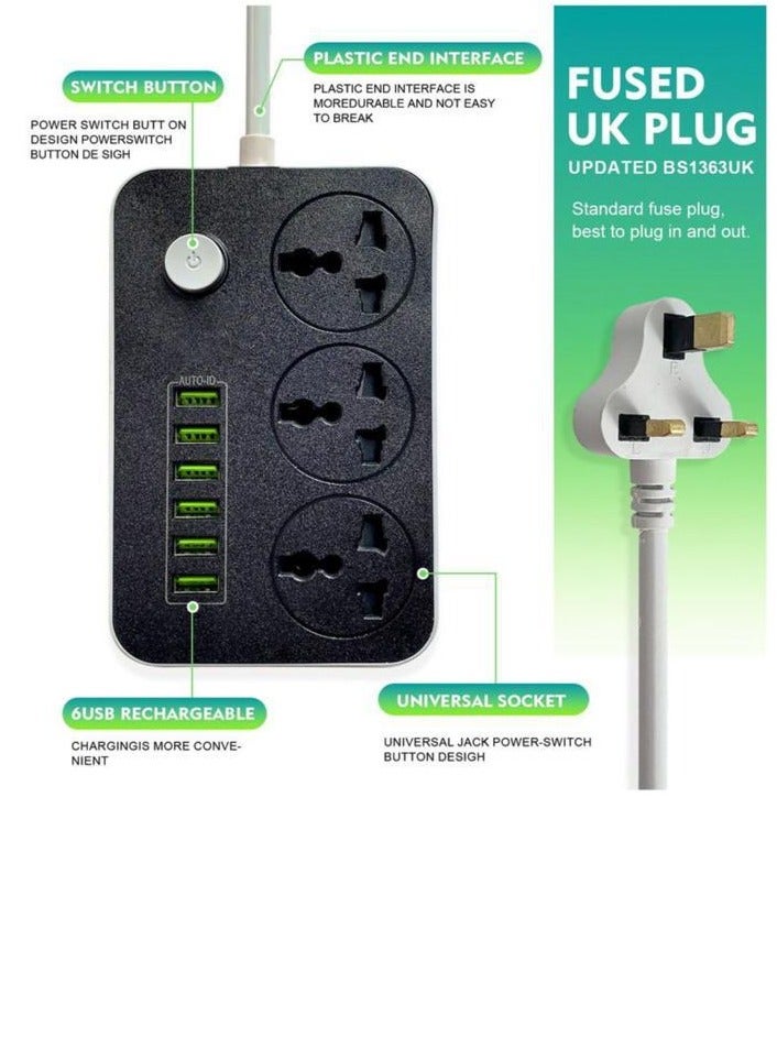 شاحن تيار متردد بثلاث مقابس ومنفذ USB أسود مع رمادي - Image 3