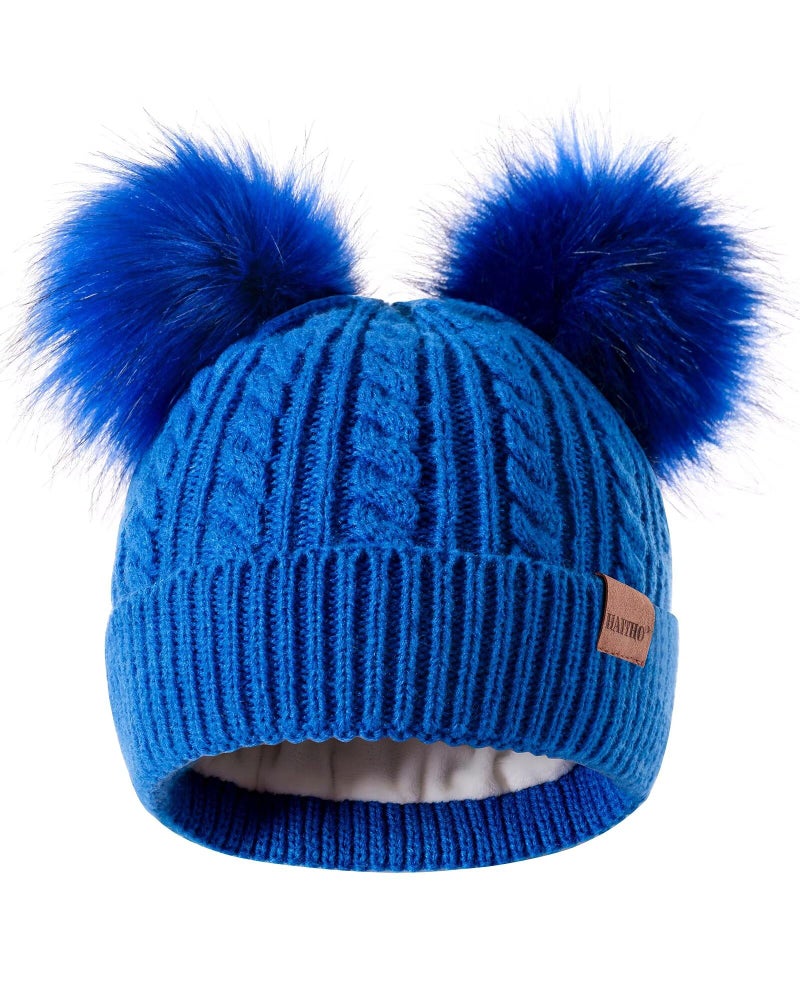 HAITHO Winter Hat for Kids Toddler Children, Girls Beanie with Double Pom Pom Warm Thick Thermal Fleece Lined, Girls Accessories Cute Knit Beanies Cap for Cold Weather Blue - Image 1